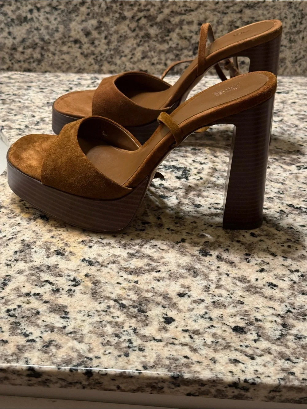 ZARA Chestnut Brown Suede Platform Block Heel Sandals